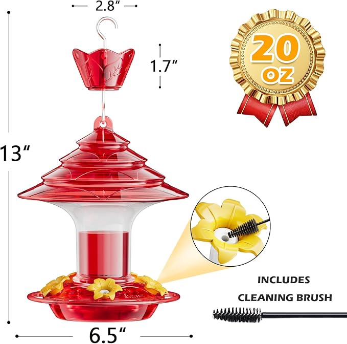 Birdream Hummingbird Feeder for Outdoors Hanging, 20oz Hummingbird Feeders with 5 Bee Guard Feeding Ports & Built-in Ant Moat Brush Leak-Proof for Outside Gifts for Women - Red