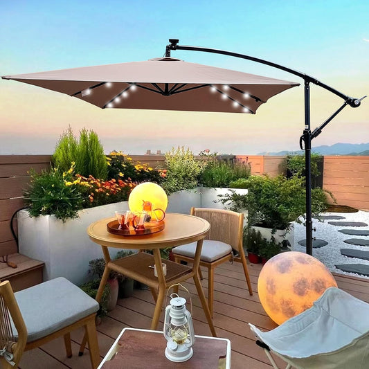 10x6.5FT Patio Umbrella, Outdoor Offset Umbrella with Cross Base and Crank, Rectangular Cantilever Umbrella with Solar Lights, Hanging Market Umbrella with 6 Rids for Pool, Deck, Backyard (Mushroom)