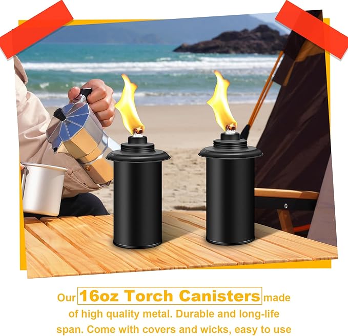 8 Pack Torch Canisters,16oz Replacement Torch Refillable Canisters with Wicks,Caps, Outdoor Citronella Fuel Torch Canister for Luau Party, DIY Garden Decor.
