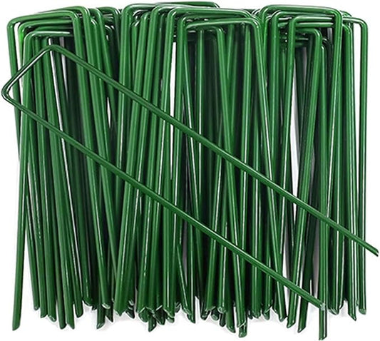 6 Inch Garden Stakes Galvanized Landscape Staples Green U-Type Turf Staples for Artificial Grass Rust Proof Sod Pins Stakes for Securing Yard Fences Weed Barrier Outdoor Wire Cords Tents Tarps 50 Pcs