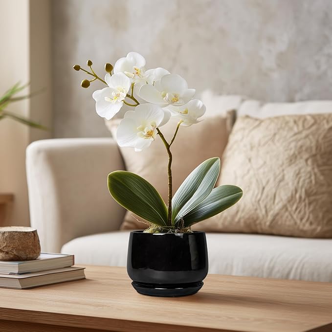 G EPGardening Small Ceramic Planter - 4 Inch Succulent Pots with Drainage Hole & Sacuer, Flower Pots for Indoor Outdoor Plants, Modern Decorative Round Planter, Room Decor, House Warming Gifts, Black