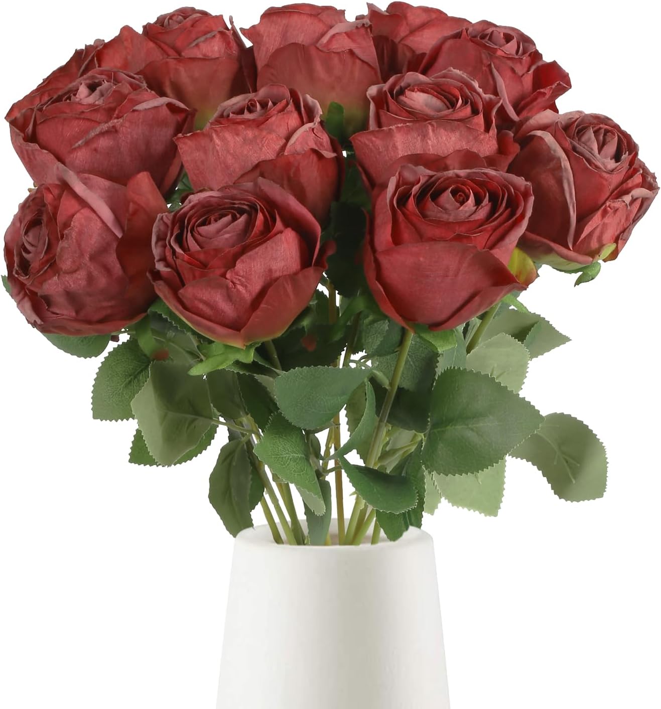 12 pcs Roses Artificial Flowers Vintage Red Burnt Edge Rose 20" Realistic Silk Roses Bouquet with Long Stem for Wedding Party Floral Centerpieces Decoration (Vintage Red)