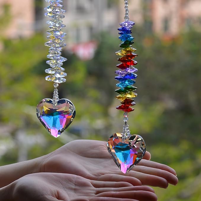 2PCS Exquisite Heart Crystal Sun Catcher Prisms, STINO Hanging Suncatchers with Glass Prism, Rainbow Maker for Windows, Balcony, Kitchen, Garden Decoration (1, Exquisite Heart 2Pcs)