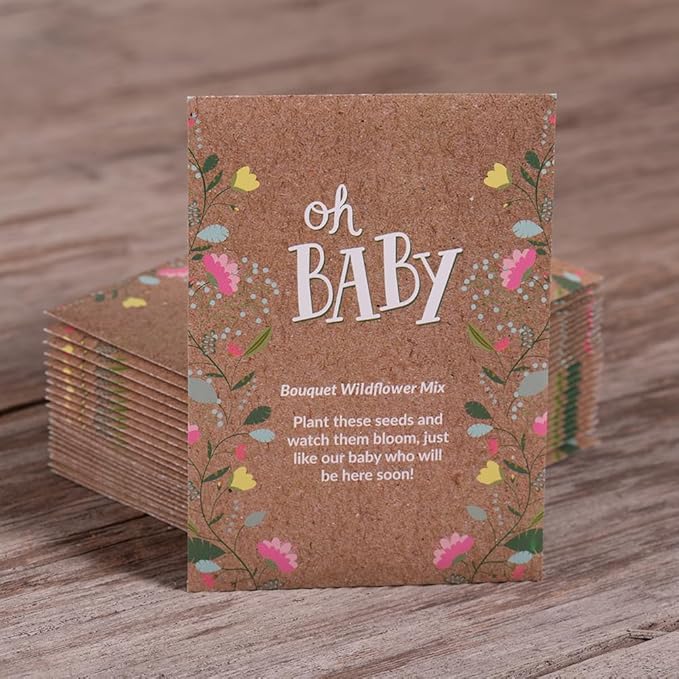 BENTLEY SEED CO. Oh Baby Flower Seeds Packets - Girl/Boy Baby Shower Favors - Pre-Filled, 25 Wildflower Seed Packs for Favor - Eco-Friendly Gift & Babys Guest Giveaways - Non-GMO Seeds - Brown Envelop