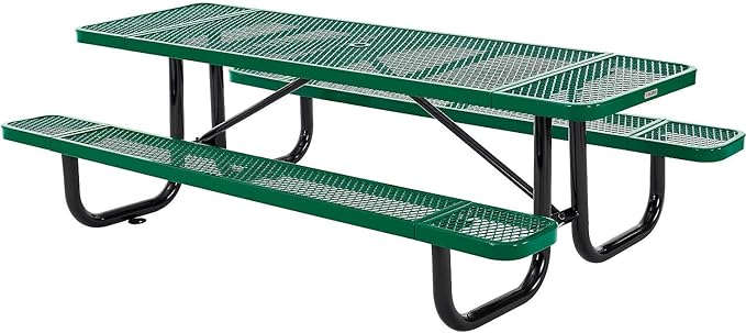 Global Industrial 8’L Rectangular Picnic Table, Expanded Metal, Green Thermoplastic Coating, Attached Benches, 1-1/2” Umbrella Pole Hole, Outdoor-Rated, 1000 lb Capacity, 96” x 30” Tabletop
