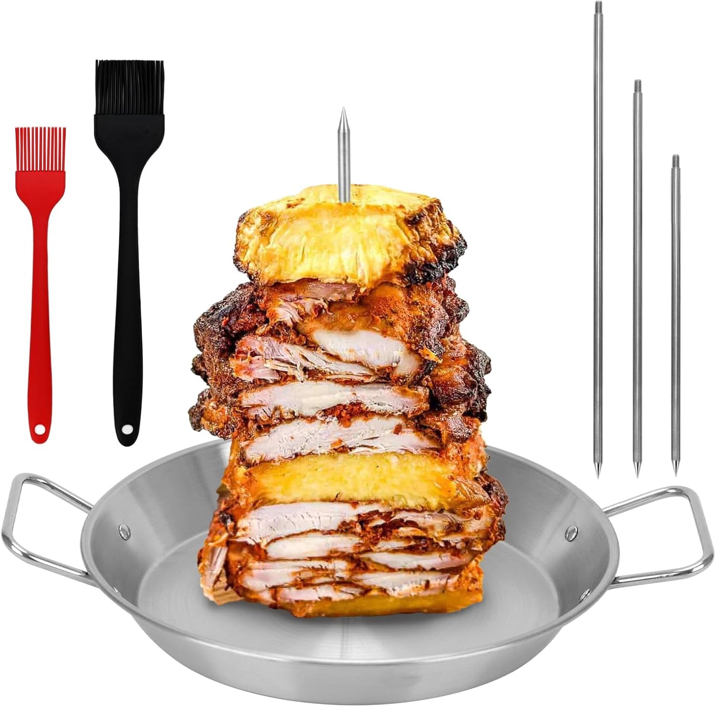 Al Pastor Skewer for Grill, Stainless Steel Vertical Skewer Shawarma Stand Vertical Spit with 3 Removable Spikes(8”/10"/12”) & Brushes Gyro Pan for Tacos, Kebabs Smoker,BBQ