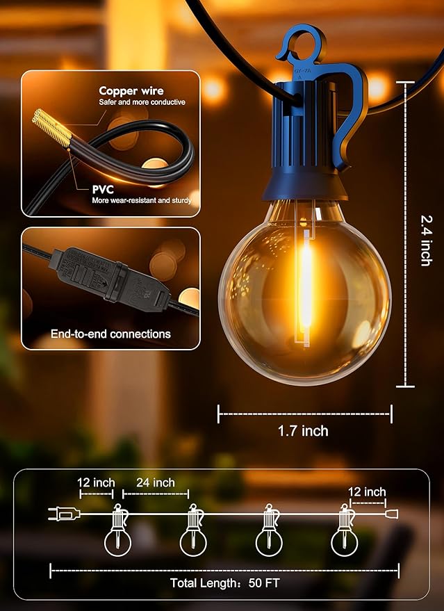 Brightown Outdoor String Lights - Connectable Dimmable LED Patio String Lights with G40 Globe Plastic Bulbs, All Weatherproof Hanging Lights for Outside Backyard Porch (50 ft - 25 LED Bulbs)