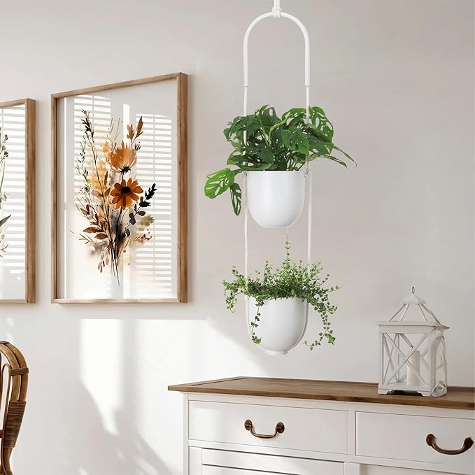 Hanging Planters 2 Tiers Metal Plant Hangers for Indoor Outdoor Plants Wall Ceiling Hanging Flower Pot Basket Holders Kitchen Room Decor(White)