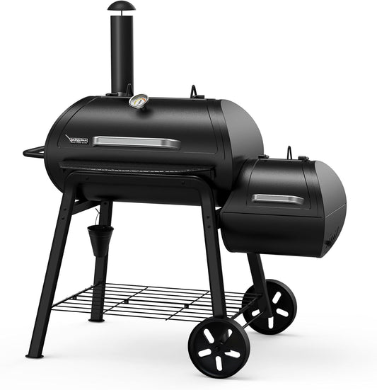 Brand-Man Charcoal Offset Smoker Grill, Heavy-Duty Barrel BBQ Grill Smoker Combo with Side Fire Box for Outdoor Patio and Backyard Cooking
