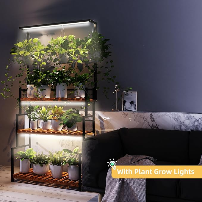 Hanging Plant Stand with Grow Light, 3 Tier Metal Plant Stand for Indoor Plants Multiple, Large Plant Shelf Display Holder, Ladder Shape Plant Rack for Living Room, Patio, Balcony