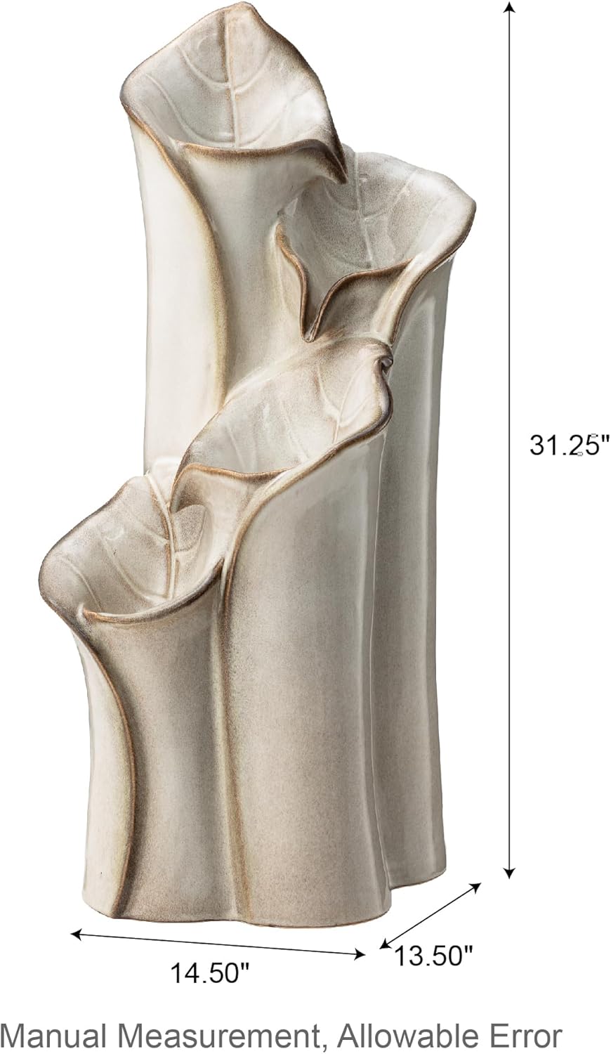 Glitzhome 31.25" H Outdoor Water Fountain with LED Lights and Pump, 4 Tier Sand Beige Lotus Leaf Textured Ceramic Floor Standing Fountain, Vase Waterfall Fountains for Porch Deck Garden Patio Backyard