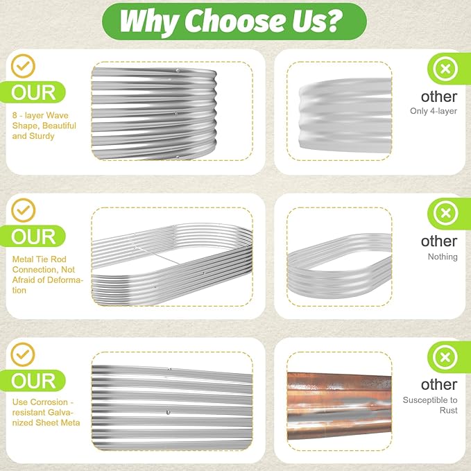 3 Pack 8x4FT Oval Galvanized Raised Garden Bed Outdoor,Metal Garden Bed for Vegetables,Above Ground Garden Box for Flower,Steel Raised Beds for Gardening