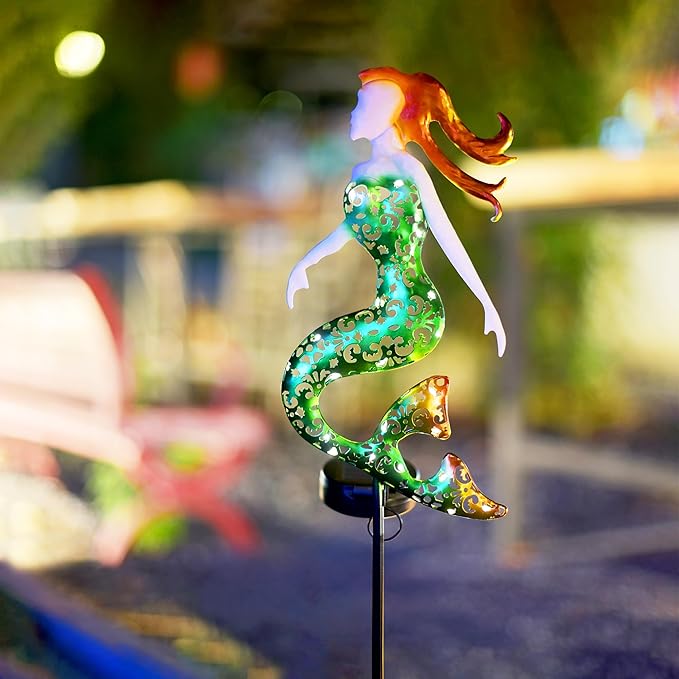 ARTER Solar Garden Stake Lights, Metal Mermaids Ocean Nautical Outdoor Waterproof Solar Pathway Lights with 3.6 Feet 22 LED Fairy Lights for Yard Patio Lawn Poolside, 37 Inches Tall (Pack of 2)