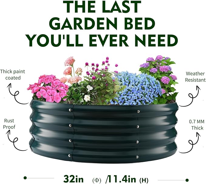 Galvanized Raised Garden Beds for Gardening - 2.7x2.7x1ft Round Metal Planter Boxes Above Ground Outdoor for Vegetables,Flowers,Herbs, Garden Container Green