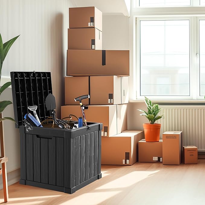 50 Gallon Resin Deck Box, Lockable Outdoor Storage Box for Patio Cushions Storage Furniture,Garden Tools, Pool Supplies, Weatherproof and UV Resistant（Black）