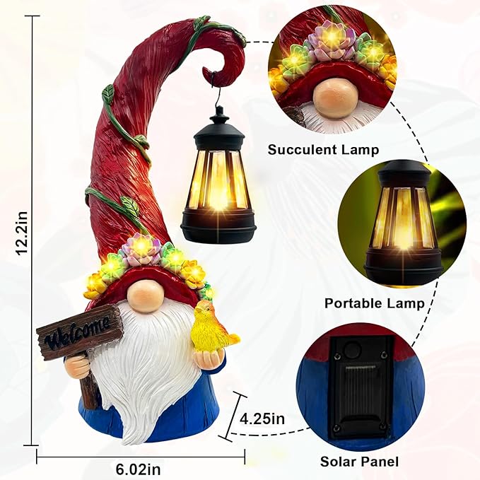 Gnome Garden Decor Statue Solar Lights Outdoor Decor with Succulent and 6 LED Lights,for Balcony,Garden,Patio,Yard,Lawn,Housewarming Birthday Gifts for Women/Mom/Grandma