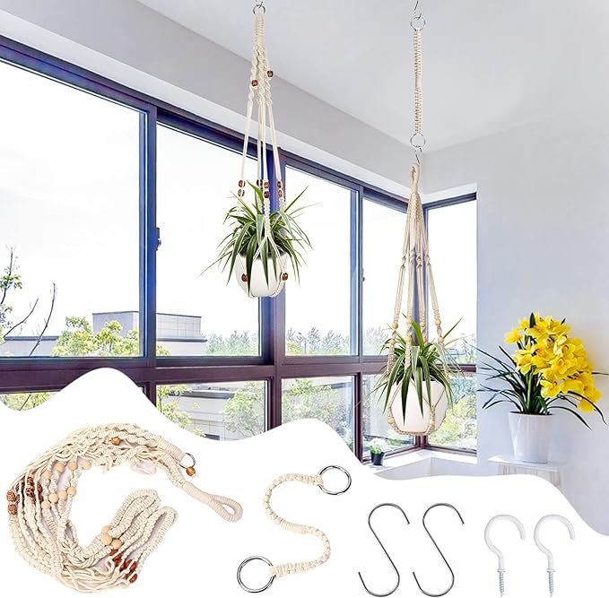 Augshy Macrame Plant Hanger, 2Pcs Hanging Plant Holder with Extender Plant Hangers for Indoor Outdoor Decor Macrame Hanging Planter Basket with 4 Hooks