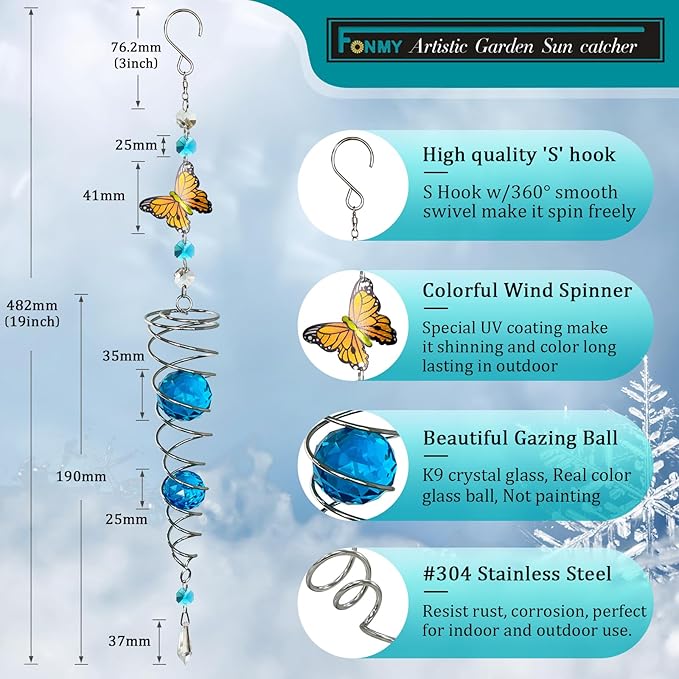 FONMY Butterfly Sun Catcher Gazing Ball Wind Spinner Rainbow Maker Silver Spiral W/ K9 Blue Crystal Ball Christmas Gfit Tree Hanging Ornament Indoor Outdoor Garden Decor. 19.5inch H