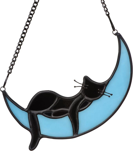 Black Cat Decor On Blue Moon Stained Glass for Window, Crystals Suncatchers for Window Ball Prism Rainbow Maker Chain Easy Hanging, 2 Balls and 1 White Gift Boxe for Cat Lovers Halloween Decor