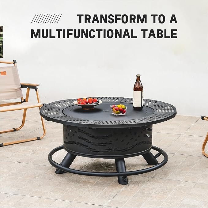 36 Inch Fire Pit with 2 Cooking Grates, Outdoor Wood Burning BBQ Grill Firepit Bowl with Cover Lid, Steel Round Table for Backyard Bonfire Patio Picnic (Black, 36IN)