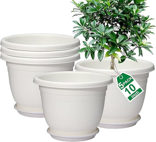 5 Packs 10 inch Plant Pots + Saucer, Planters for Indoor & Outdoor Plants with Drainage Holes | Plastic Flower Pots, Large Planter (White, 10 inch)
