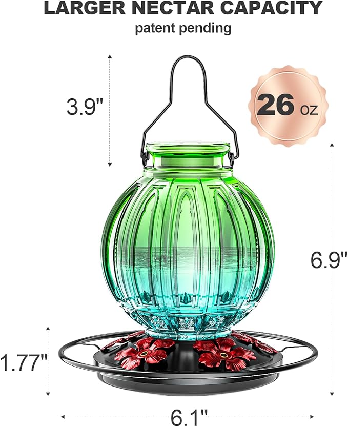 Glass Hummingbird Feeder for Outdoors Hanging, Bird Nectar Feeder with Perch & 5 Flower Feeding Ports, 26 Oz Leak Proof for Outside Garden Decor Backyard, Gifts for Women Mom, Green & Blue