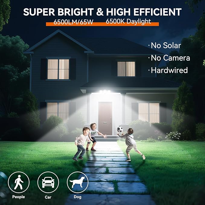 65W LED Flood Light Outdoor, 6500LM, Waterproof, 6500K Motion Sensor Flood Lights Outdoor with Adjustable 3 Head Detected Floodlight for Outside Entryway Garage, Yard, Porch, White, 2 Pack