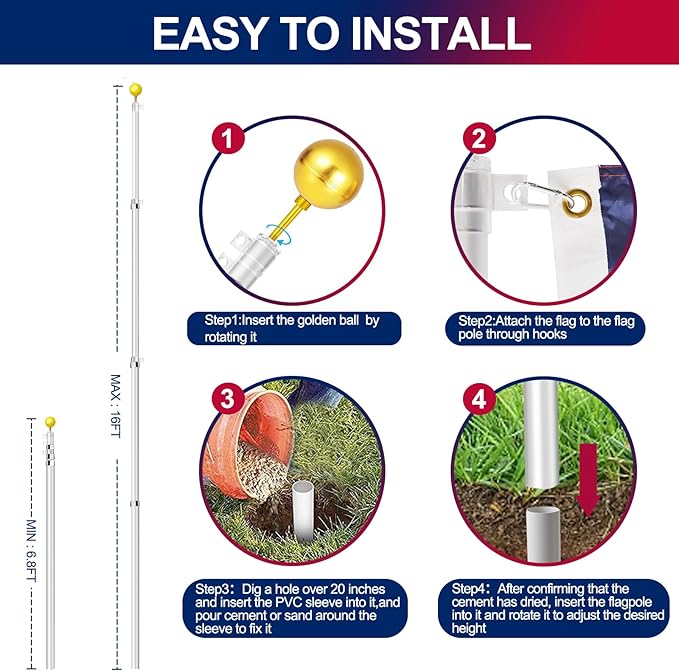 16FT Telescopic Flag Pole Kit, Heavy Duty 16 Gauge Aluminum Outdoor In Ground Flag Poles with an Embroidered 3x5 USA Flag, for Residential or Commercial,Garden,Yard Flag Poles
