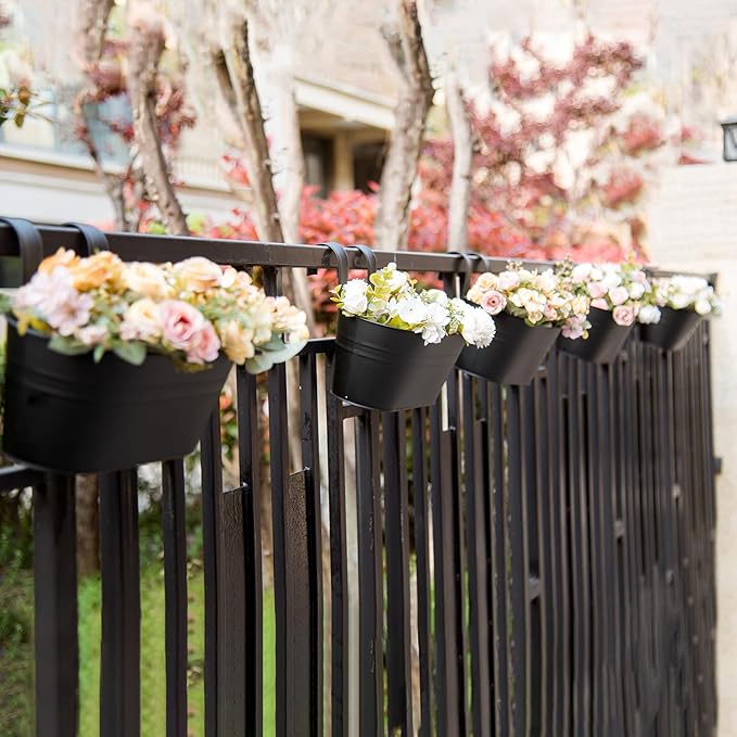 5 Pack Metal Hanging Flower Pots for Railing Fence，Outdoor Balcony Rail Planter with Garden Tools Detachable Hooks Drainage Holes for Deck Garden Home Decor Black