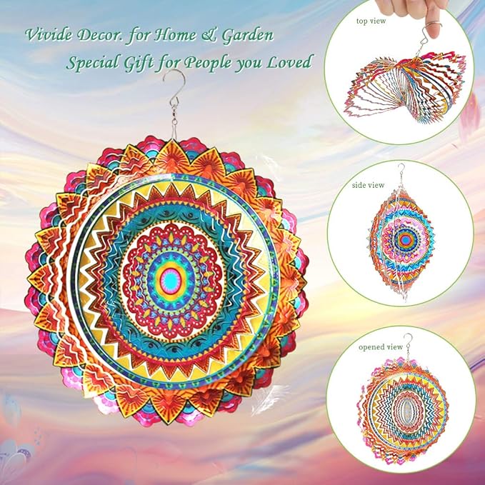 FONMY Stainless Steel Wind Spinner Worth Gift Indoor Outdoor Garden Decoration Crafts Ornaments 12 inch Multi Color Mandala Wind Spinners