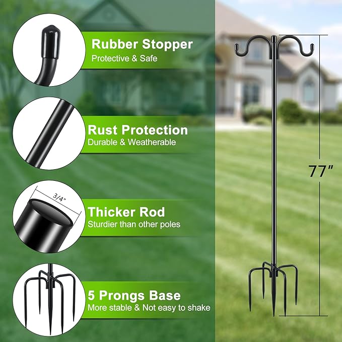 Gtongoko Double Shepherds Hook for Outdoor, 2 Pack 77 Inch Heavy Duty Bird Feeder Pole 3/4 Inch Thick Garden Hooks for Hanging Hummingbird Feeder, Plant Baskets, Solar Light Lanterns