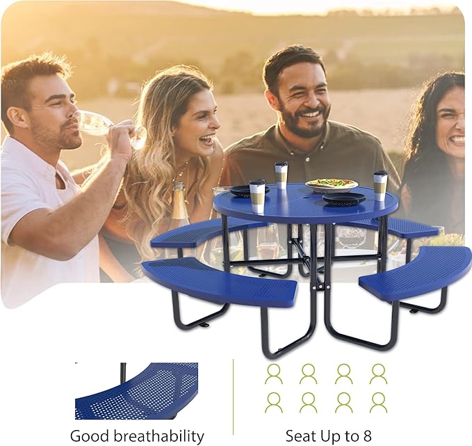 46'' Steel Round Picnic Table for Outdoors, Expanded, Lifetime Picnic Table with Umbrella Hole, Heavy Duty Sturdy Commercial Picnic Tables for Garden Courtyard BBQ, Blue