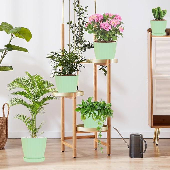 5 Pack Flower Pots for Indoor Plants, 6 inch Plant Pots Outdoor Planters for Porch Garden Office Home Decorative Holiday with Drainage Holes and Saucers, Plastic Planter Nursery Pots Green