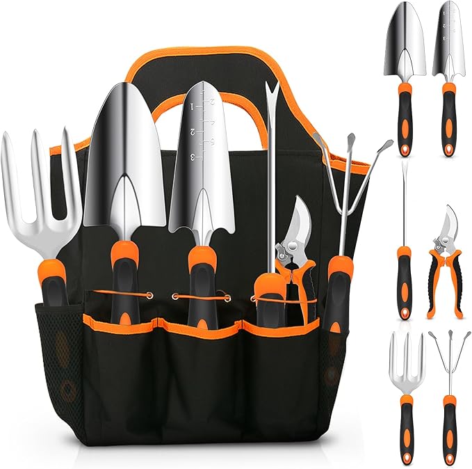 Gardening Tool Set, CHRYZTAL Stainless Steel Heavy Duty Gardening Tool Set, with Non-Slip Rubber Grip, Storage Tote Bag, Outdoor Hand Tools, Ideal Gardening Gifts for Women
