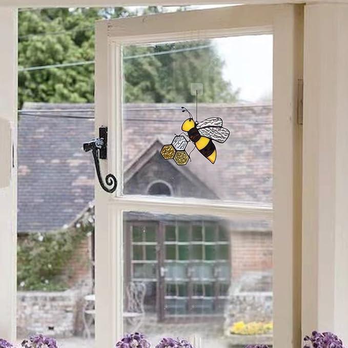 Bee On Honeycomb Stained Glass Window Hangings, Bee Suncatcher Garden Bee Decor Bee Gift for Mom Women
