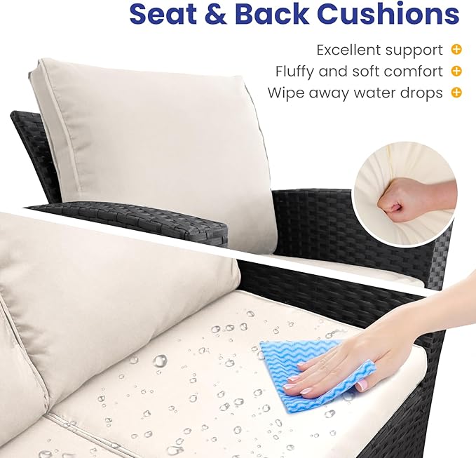 4 Piece Outdoor Patio Furniture Set,Wicker Conversation Sets Outdoor Sectional Patio Sofa Couch with Cushions & Coffee Table for Outside, Garden, Balcony, Porch,Black/Beige