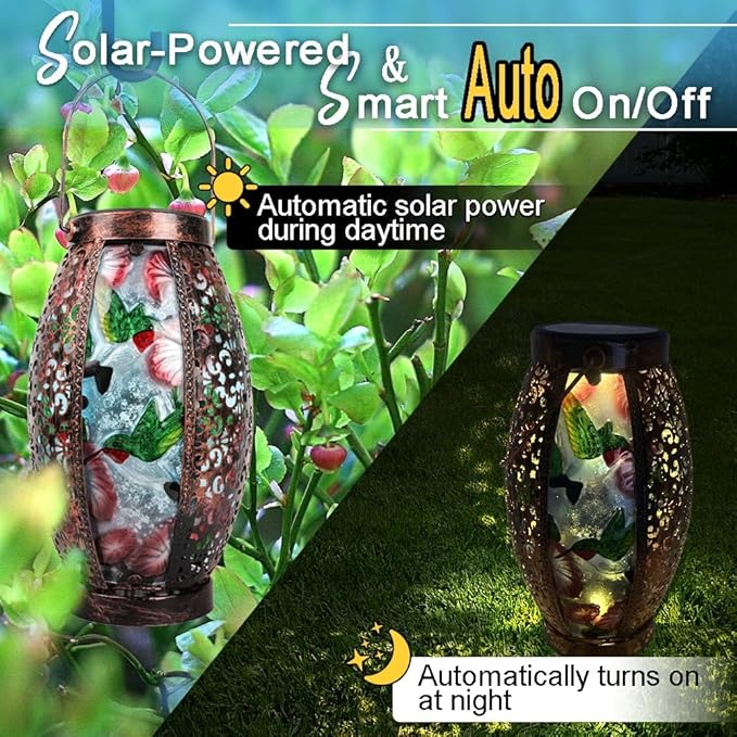 2PCS Hummingbird Solar Lanterns Glass & Metal Hanging Light Outdoor Waterproof 16" H Tabletop Lamp with Hollowed-Out Design with Shepherd's Hooks for Garden Patio Table Decor