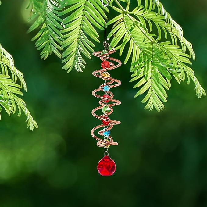 FONMY Gazing Ball Spiral Tail -Decorative Wind Spinner Sun Catcher Rainbow Maker Copper Double-Spiral W/Red Crystal Ball and Chain Crystals Beads for Indoor Outdoor Garden Decoration -14 inch Height