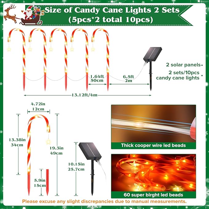 19.3in Christmas Solar Candy Cane Lights, 10 Pcs Pathway Light with Star 8 Flashing Modes, Outdoor Christmas Decorations for Outside Path, Walkway, Driveway, Sidewalk, Porch, Yard, Garden
