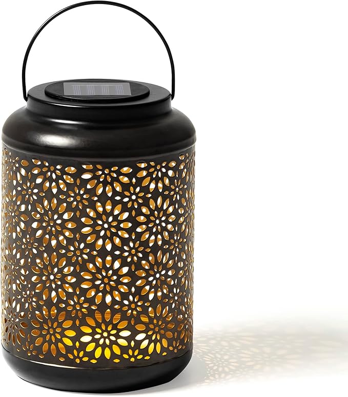 Glitzhome Solar Lantern Black Metal Cutout Flower Outdoor Hanging Solar Light with Handle for Garden Patio Yard Outdoor Decor