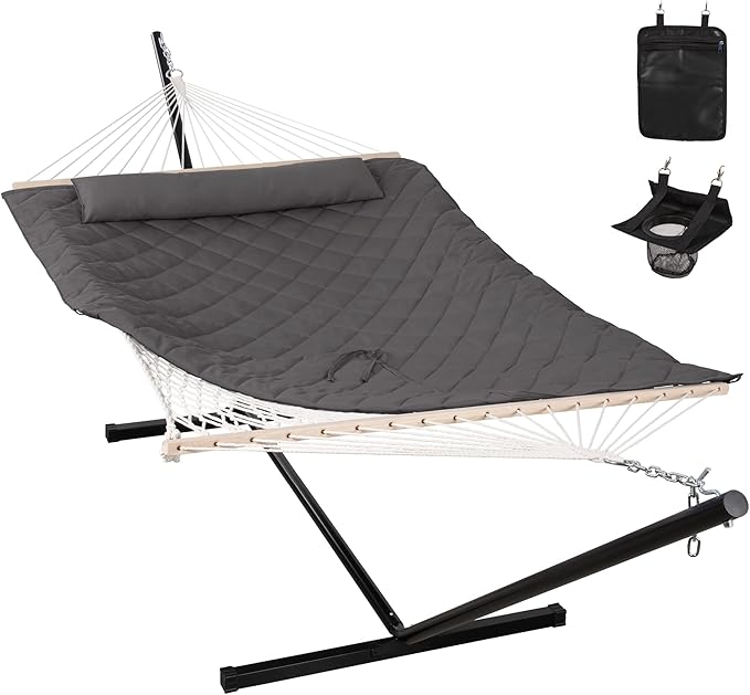 ANOW Outdoor Hammock with Stand 12FT, Heavy Duty Hammock with Steel Stand, Included Detachable Pillow and Pad, 450 LBS Weight Capacity, Gray