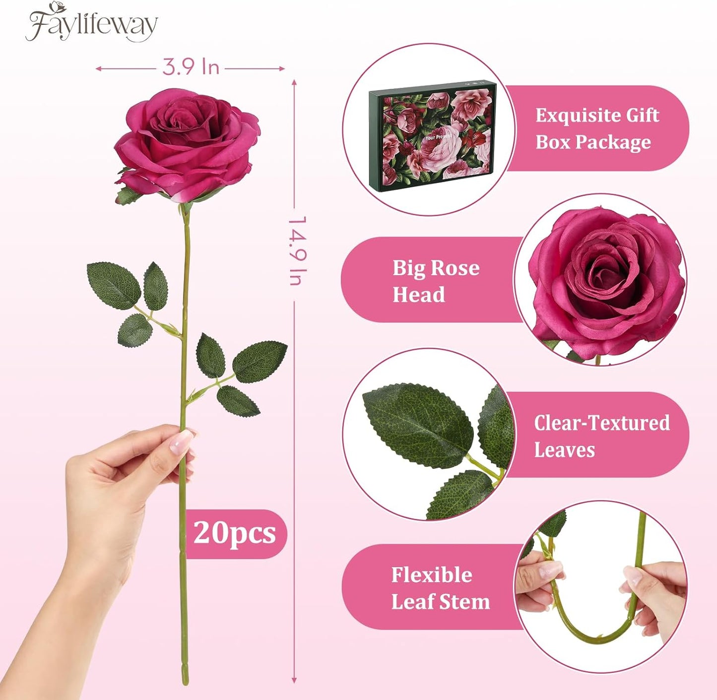 20PCS Artificial Roses Flowers, 3.9'' Silk Flower Head Fake Fuchsia Rose with Long Stems, Realistic Faux Roses Bouquet for DIY Wedding Home Party Office Decoration