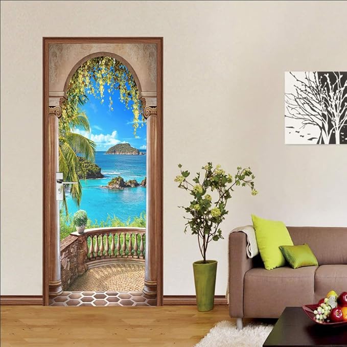 3D Door Stickers Murals - Landscape - Peel and Stick - Waterproof & Washable - Matt Finish - Tropical Style - White - 33.9" x 78.7" - 2 PARTS