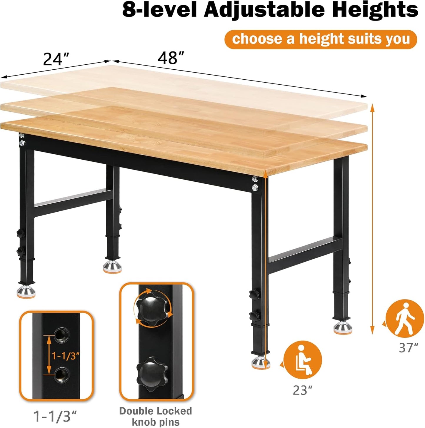 48" Heavy-Duty Adjustable Workbench for Garage, Rubber Wood Shop Table W/Rubber Pads, Hardwood Workstation Weight Capacity Over 2000 Lbs