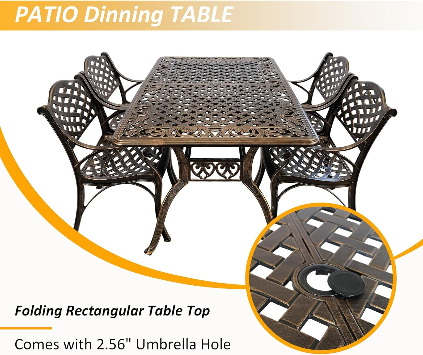 5 Piece Outdoor Patio Dining Set, All-Weather 58.66" Cast Aluminum Table and Chairs Set of 4, Bistro Set Outdoor with Umbrella Hole for Garden, Porch