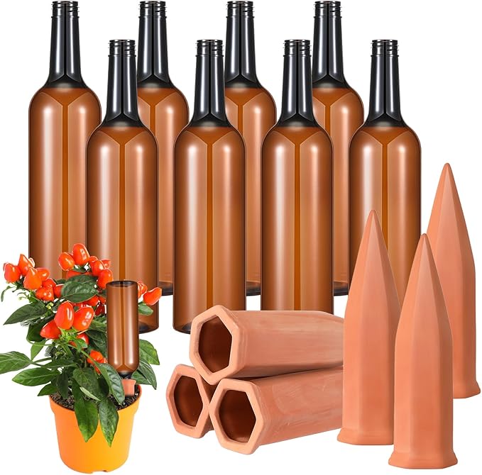Baderke 16 Pcs 8 Set Plant Watering Devices, Terracotta Watering Spikes with 25 oz Plastic Wine Bottles, Slow Release Vacation Insert Automatic Plant Waterer Device for Indoor Outdoor