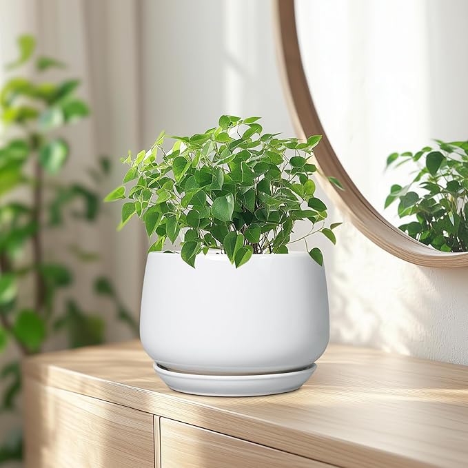 G EPGardening Ceramic Pots for Plants - 7 Inch Planter for Indoor Plants, Round Flower Pots with Drainage and Saucer, Modern Outdoor Planter, Garden Decor, Home Gifts, White