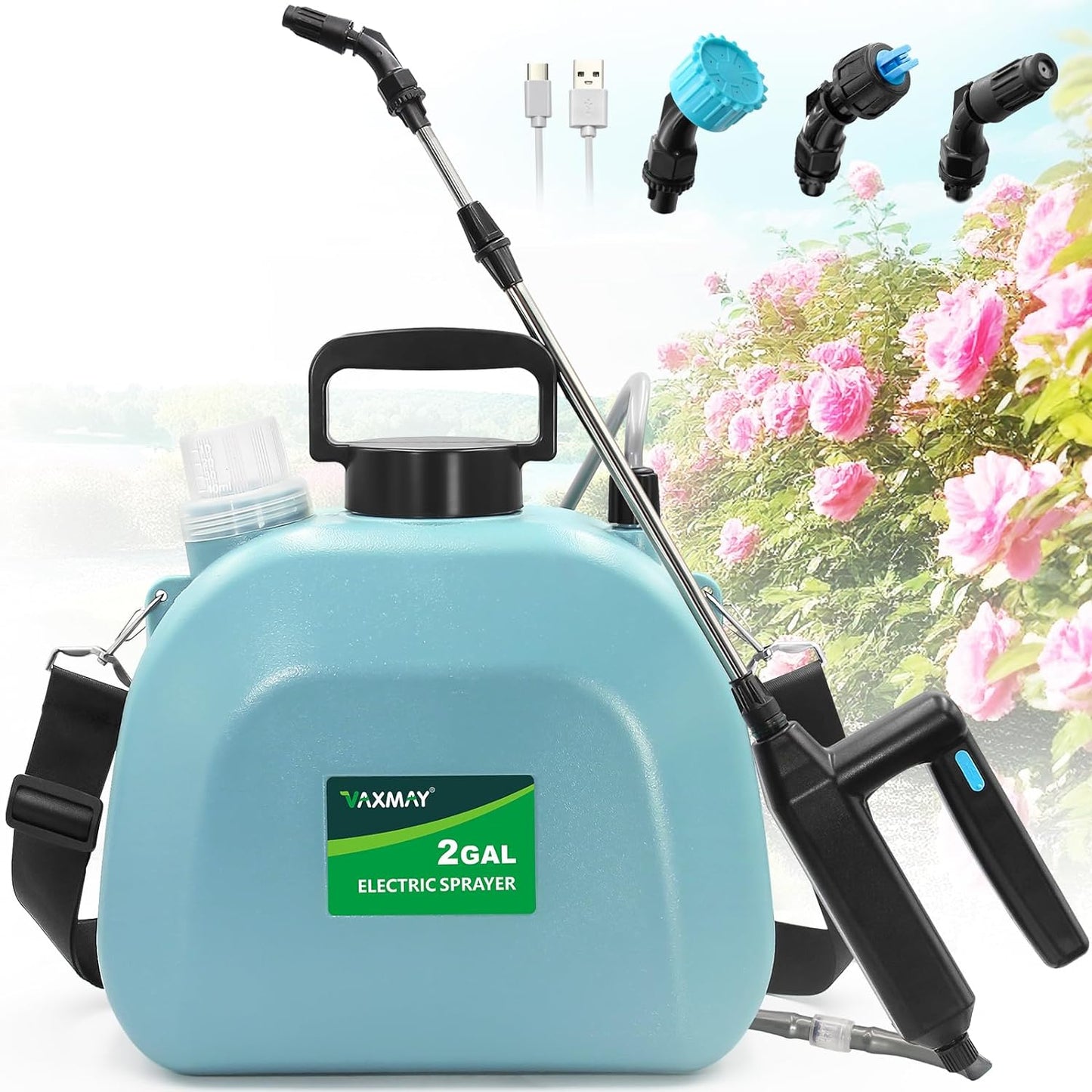 Battery Powered Sprayer 2 Gallon, Upgrade Powerful Electric Garden Sprayer with 3 Mist Nozzles, Rechargeable Handle, Retractable Wand, Adjustable Shoulder Strap for Lawn,Garden,Cleaning