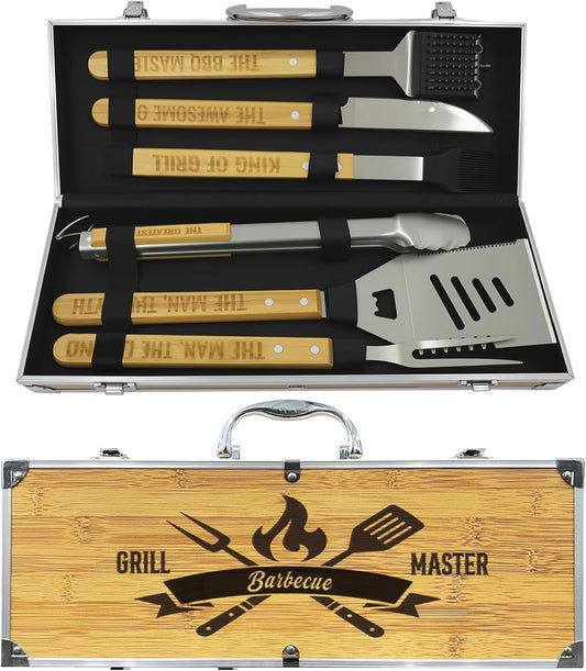 Grill Tool Set, Wooden Grilling Accessories, Heavy Duty Stainless Steel BBQ Grill Tools Set for Outdoor Grill with Spatula, Tongs Aluminum Case for Camping Backyard Barbecue, Grill Set for Men Women