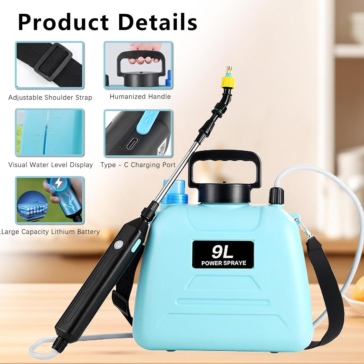 2.4 Gallon Battery Powered Sprayer, Electric Battery Operated Sprayer, Weed Power Sprayers in Lawn and Garden with Adjustable Shoulder Strap and Rechargeable Handle, 3 Mist Nozzles (Blue)